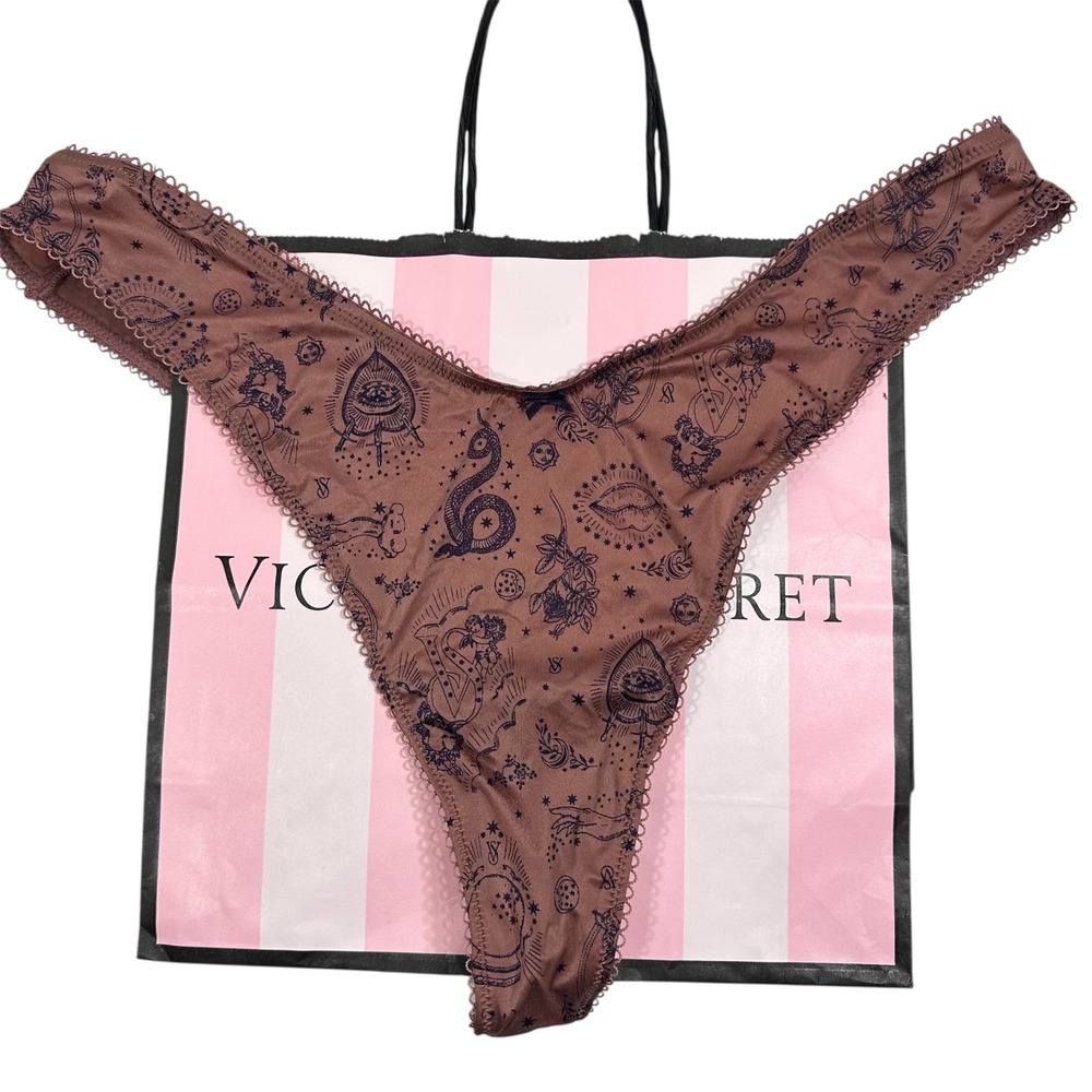 NWT Victoria's Secret High-Leg Thong Panty Brown Occult Print Lace Trim L‎